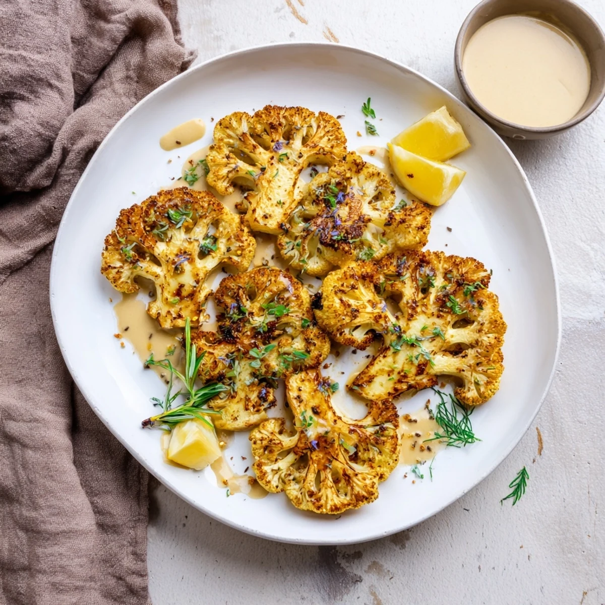 Golden roasted cauliflower steaks, drizzled with creamy tahini, perfect for a flavorful vegetarian meal.