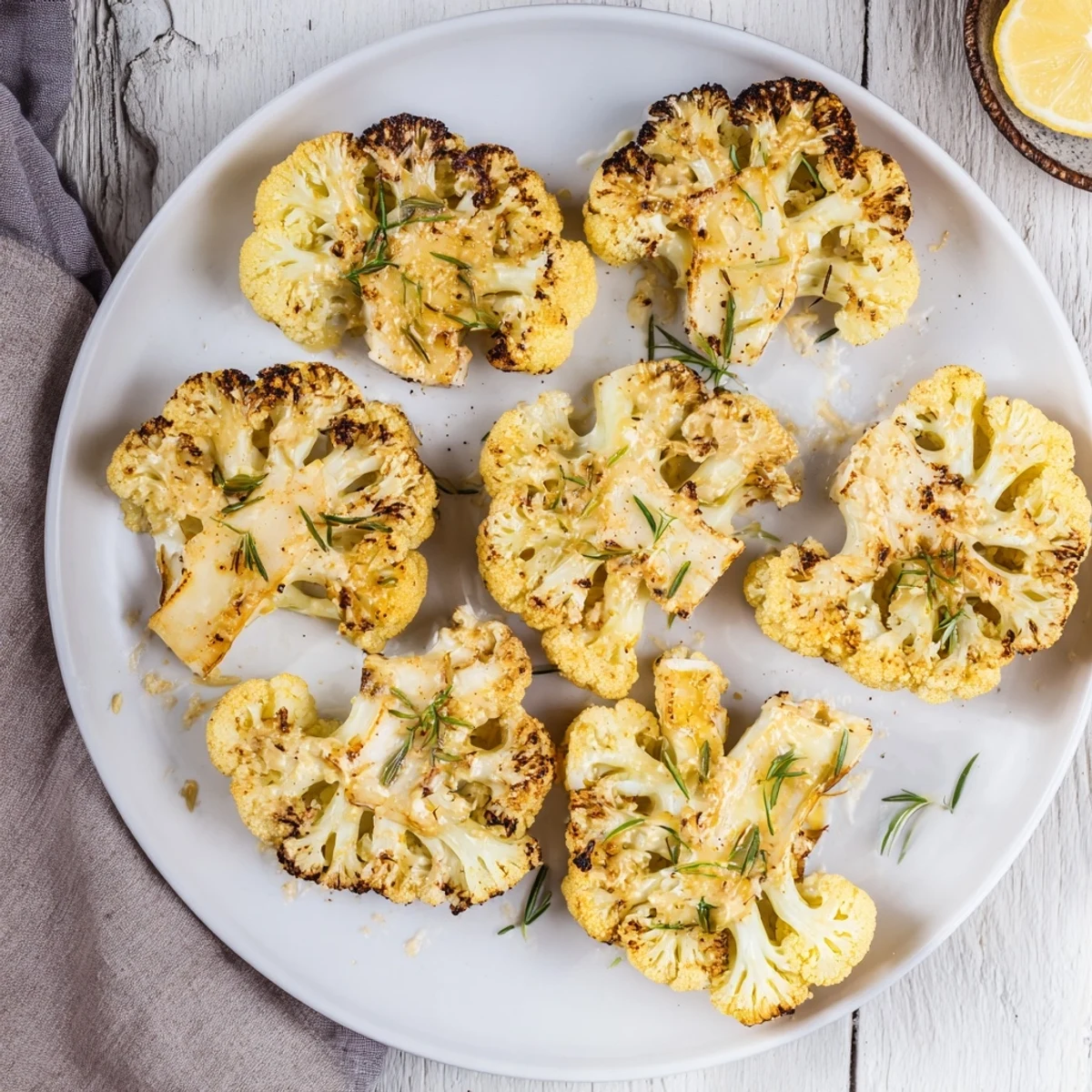 These hearty roasted cauliflower steaks present a beautiful golden crust, drizzled generously with tahini.