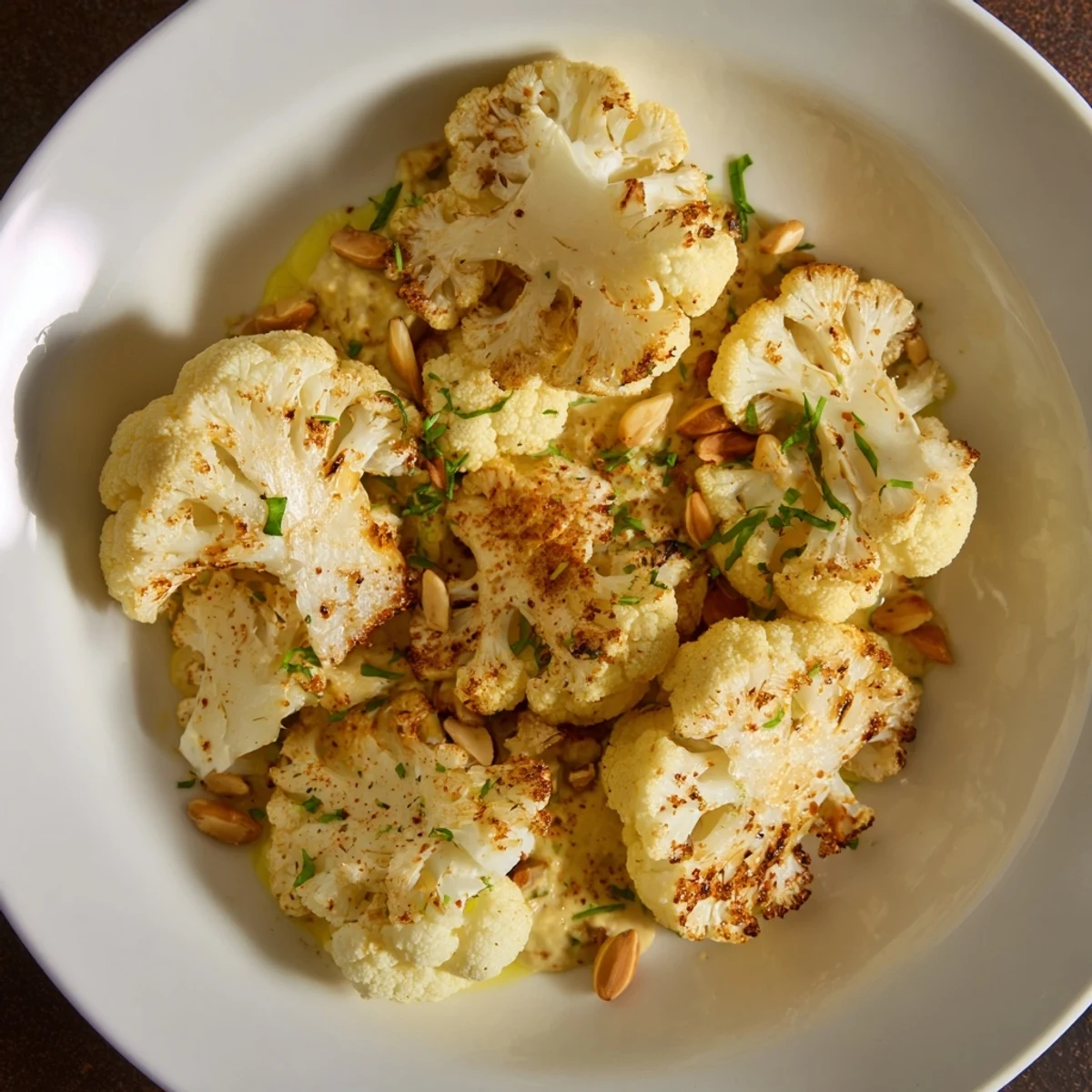Visualize tender roasted cauliflower steaks boasting a delicious tahini sauce, ready to serve and enjoy.