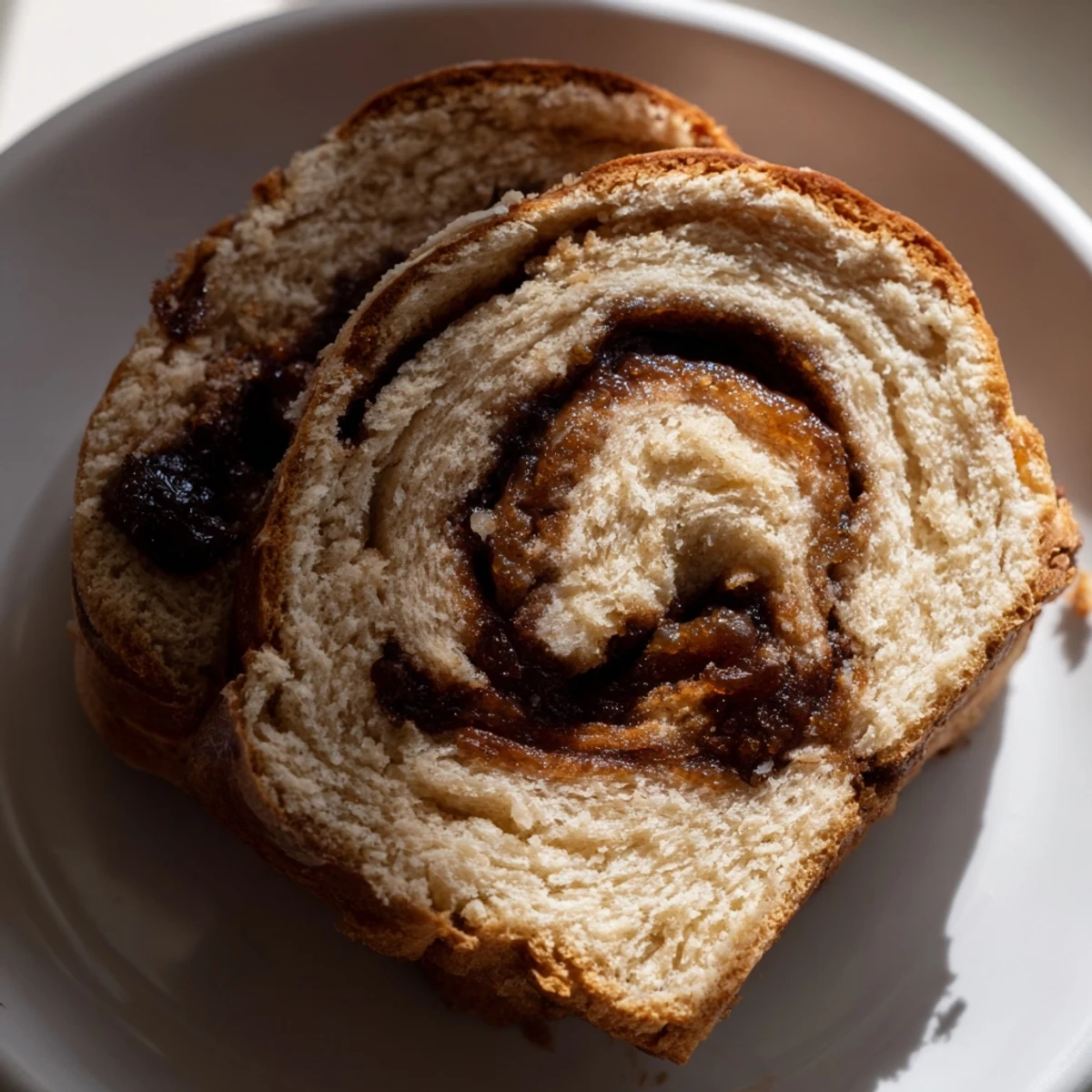Fluffy Homemade Cinnamon Swirl Raisin Bread, a golden loaf with swirly cinnamon and plump raisins.