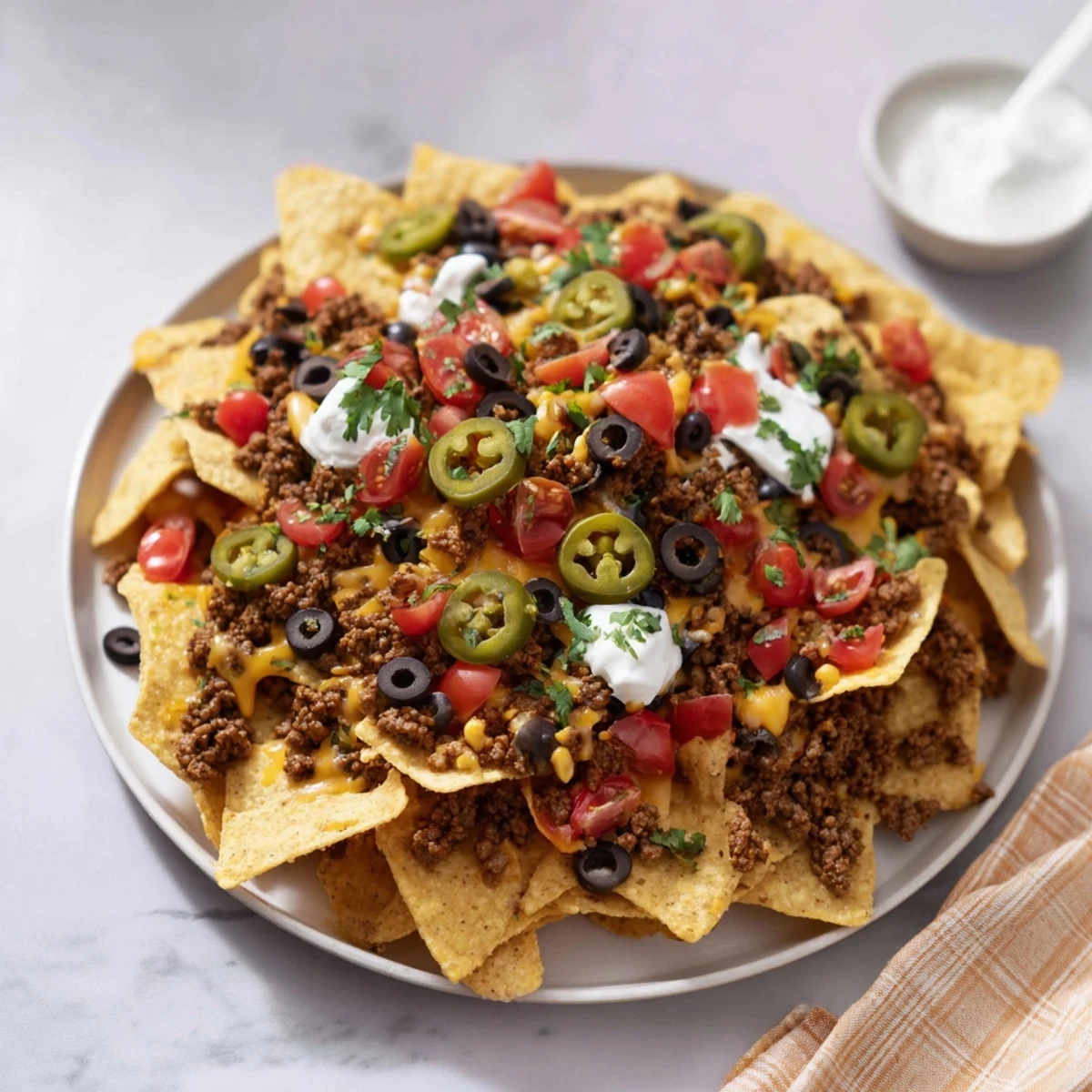 Golden, melted cheese blankets the seasoned ground beef on this sheet pan of classic nachos.