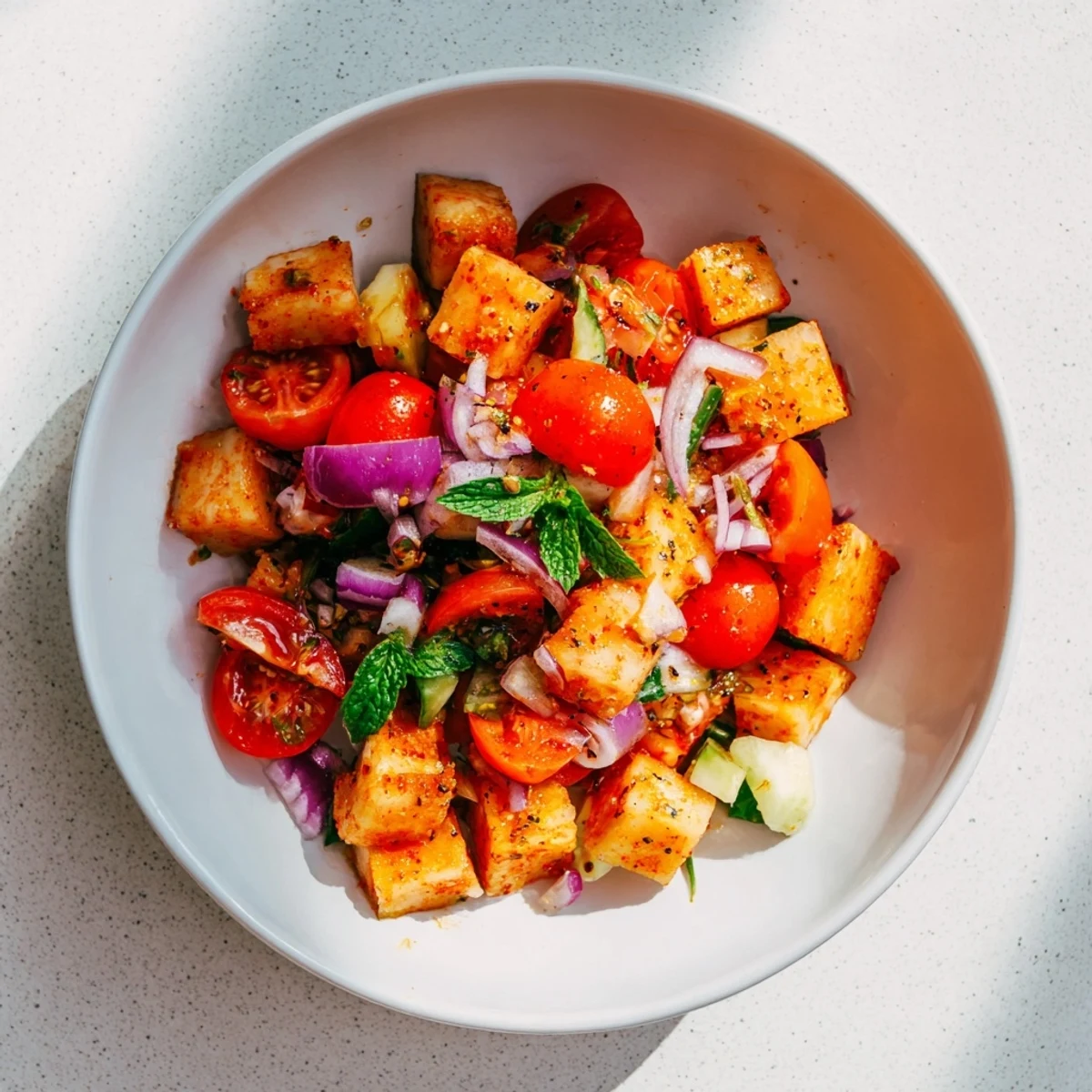 Refreshing Fresh Cucumber and Chickpea Salad with vibrant tomatoes on a white serving plate, ready to enjoy.