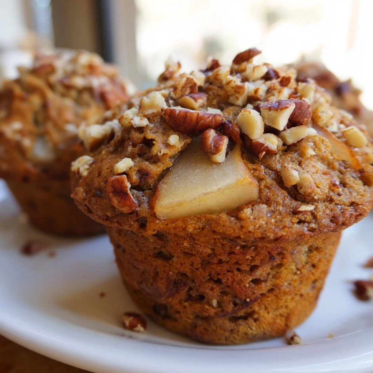Golden, freshly baked Seasonal Spiced Pear and Walnut Muffins, boasting a tender crumb and perfect peaks.