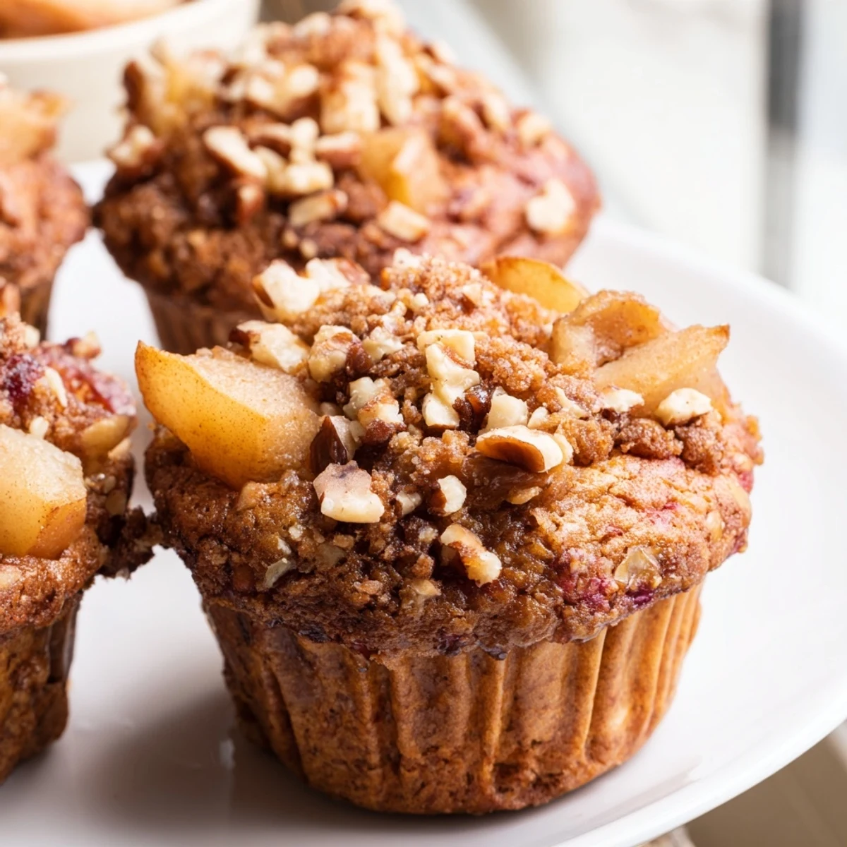 Warm, spiced aroma: fluffy Seasonal Spiced Pear and Walnut Muffins with visible pear chunks and crunchy walnuts.