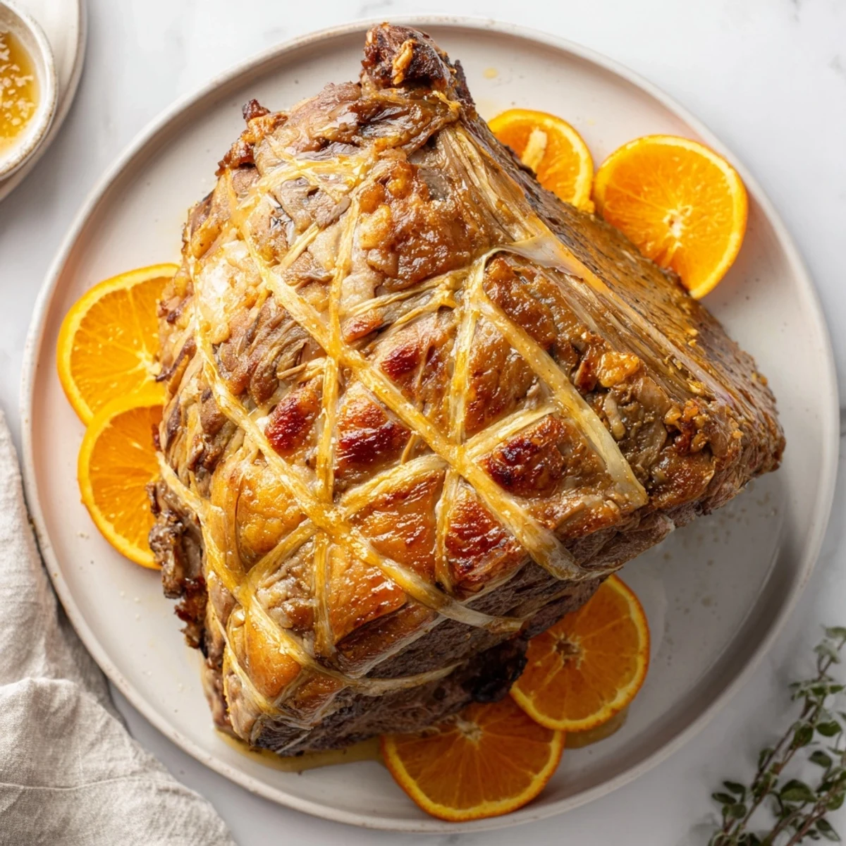 Close-up of the sticky, sweet glaze on the Slow-Cooked Honey Glazed Ham for a delicious meal.