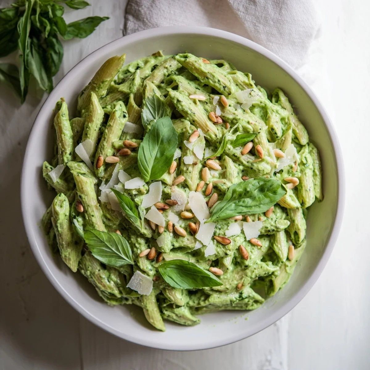 Steaming bowl of The Best 15-Minute Creamy Pesto Pasta, garnished with fresh basil and pine nuts.