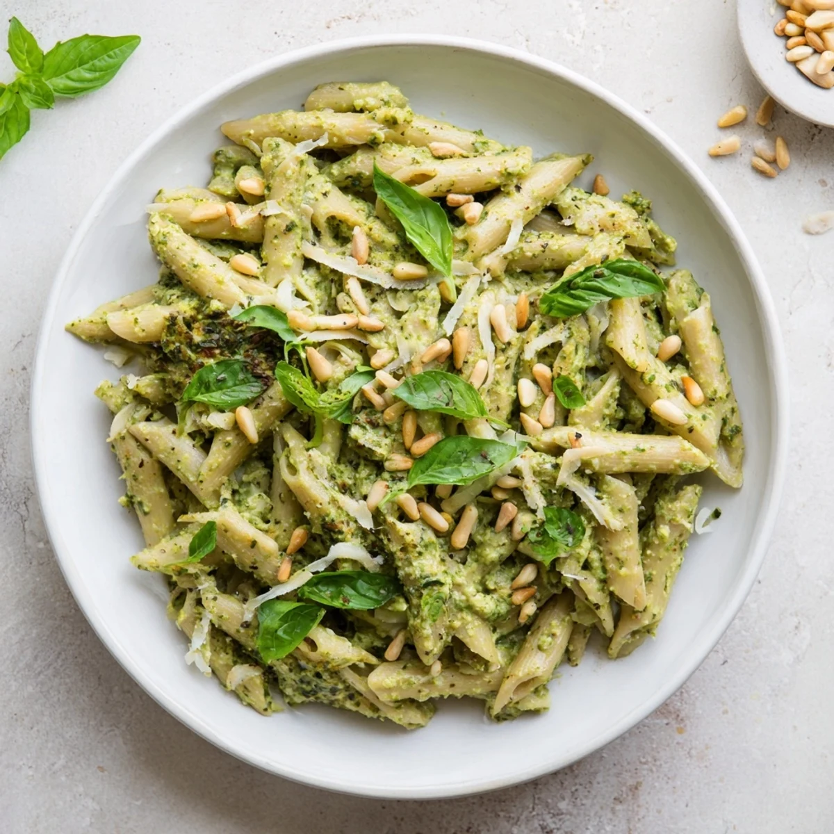 Enjoy a quick, delicious serving of The Best 15-Minute Creamy Pesto Pasta, ready in minutes on a plate.