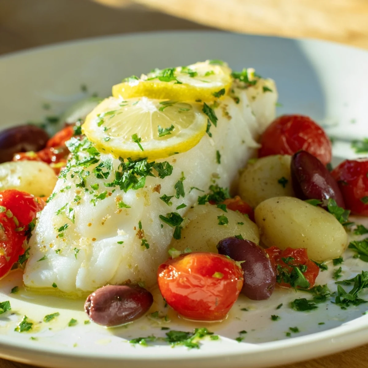 One-Tray Baked Cod with juicy tomatoes, black olives, and herbs, baked to flaky perfection.