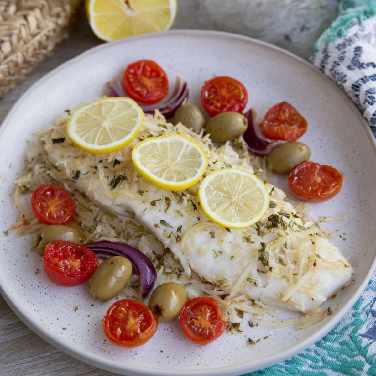 Picture the vibrant flavors of the One-Tray Baked Cod, perfectly cooked and ready to serve.