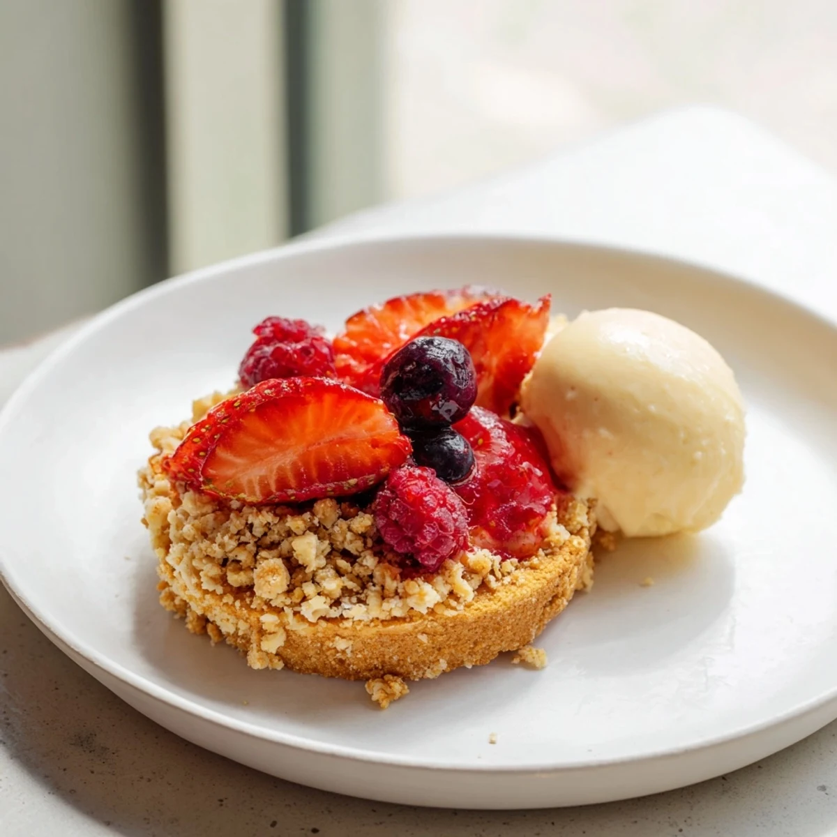 A close-up of a warm, juicy Rustic Summer Berry Cobbler glistening with a biscuit topping.