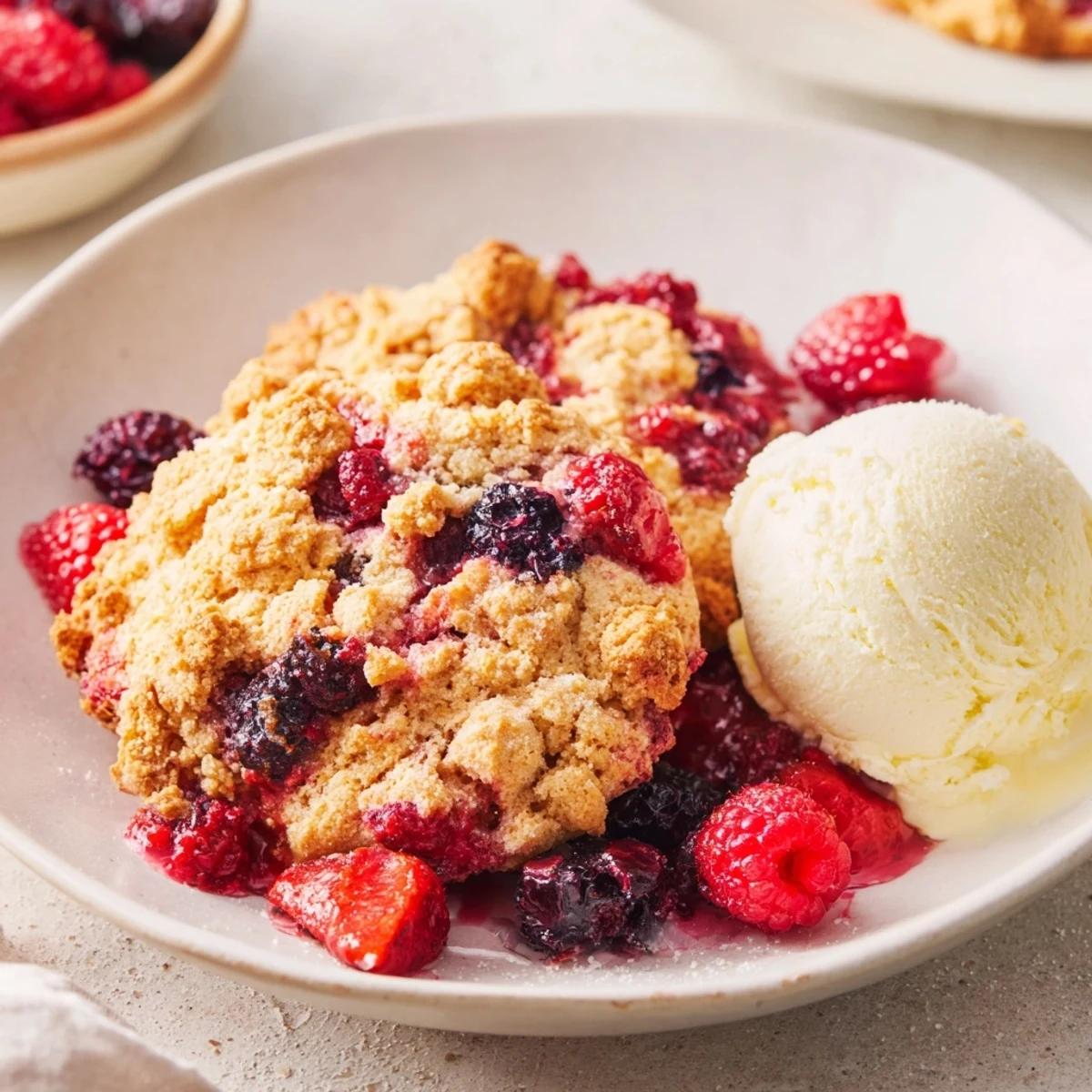 Golden-crusted Rustic Summer Berry Cobbler bubbling with ripe berries next to vanilla ice cream.