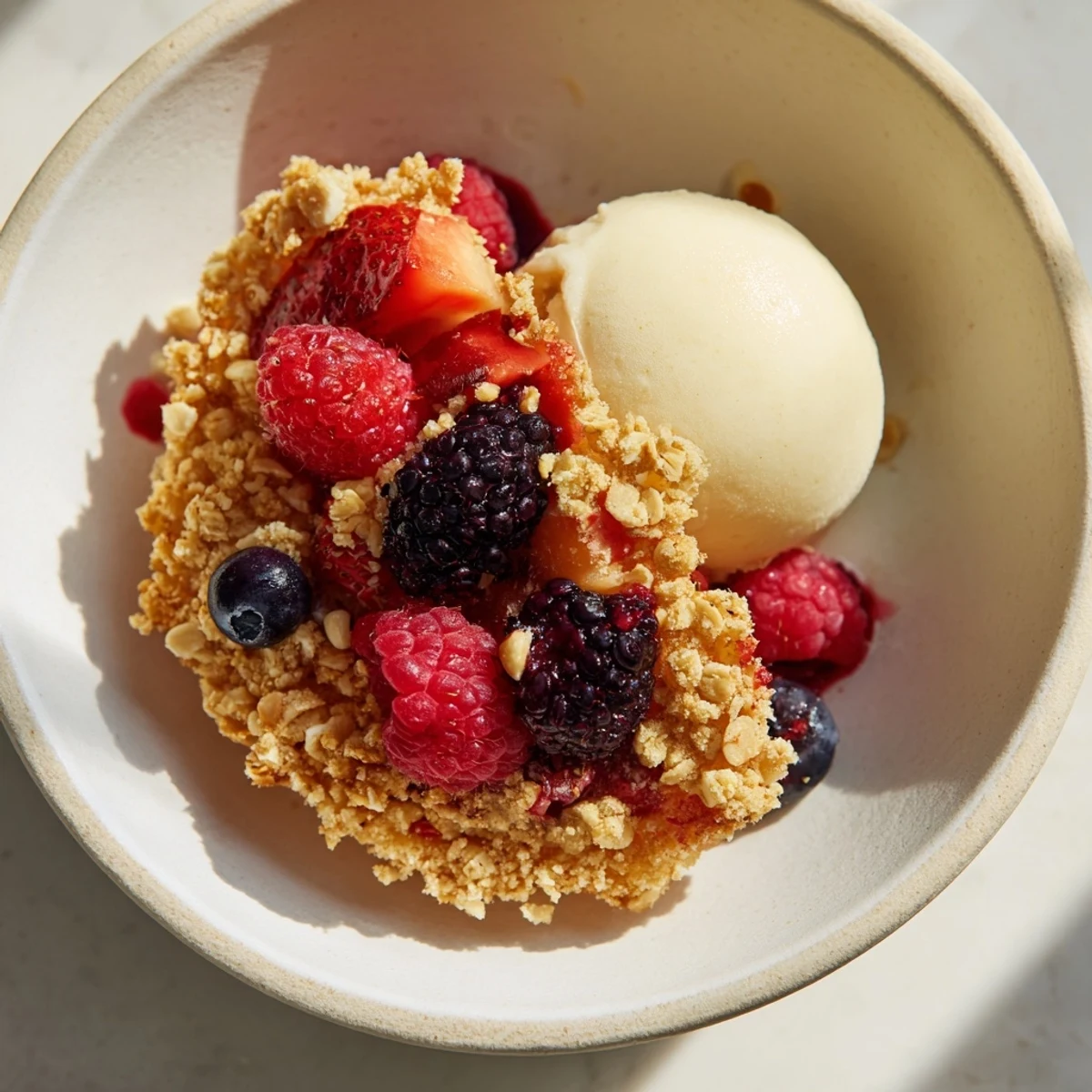 Serving suggestion: Enjoy warm Rustic Summer Berry Cobbler with a cold, creamy vanilla scoop.