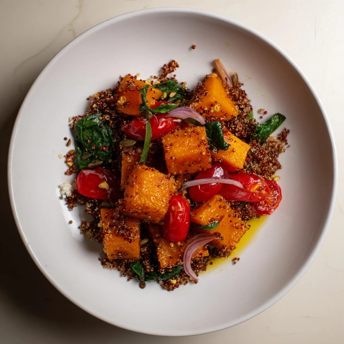 This beautiful Golden Honey-Roasted Butternut Squash Bowl shows roasted squash, colorful veggies, and a tangy drizzle.