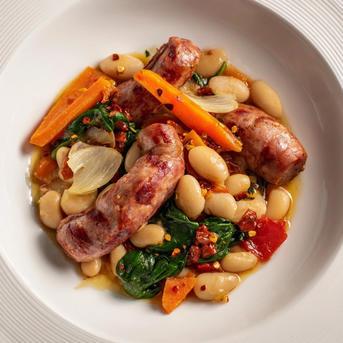 Golden, steaming one-pot sausage and white bean stew with visible chunks of sausage and vegetables.