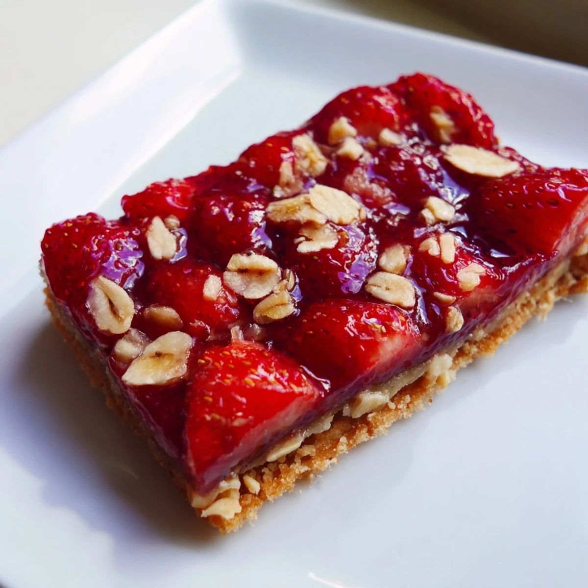 Golden, crumbly Simple Homemade Strawberry Jam Squares, bursting with sweet, vibrant strawberry filling, ready to serve.