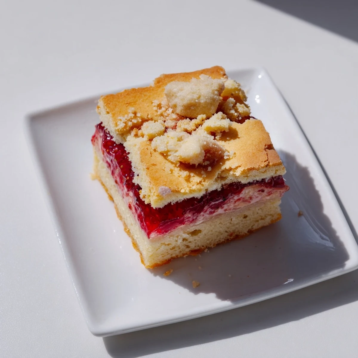 A close-up of fresh-baked Simple Homemade Strawberry Jam Squares: golden-brown crumbles atop sweet jam.