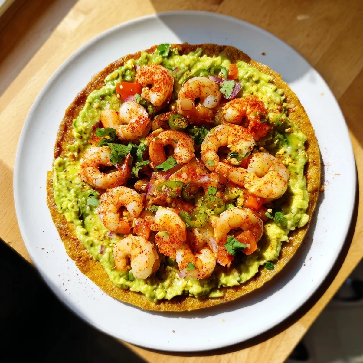 Golden, crispy tostadas piled high with spicy shrimp and creamy avocado for a quick, delicious meal.
