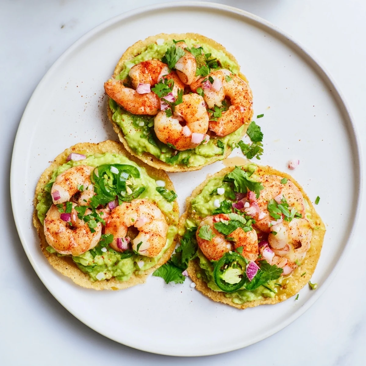 Bright, flavorful Quick Shrimp and Avocado Tostadas, featuring perfectly cooked shrimp with fresh, vibrant toppings.