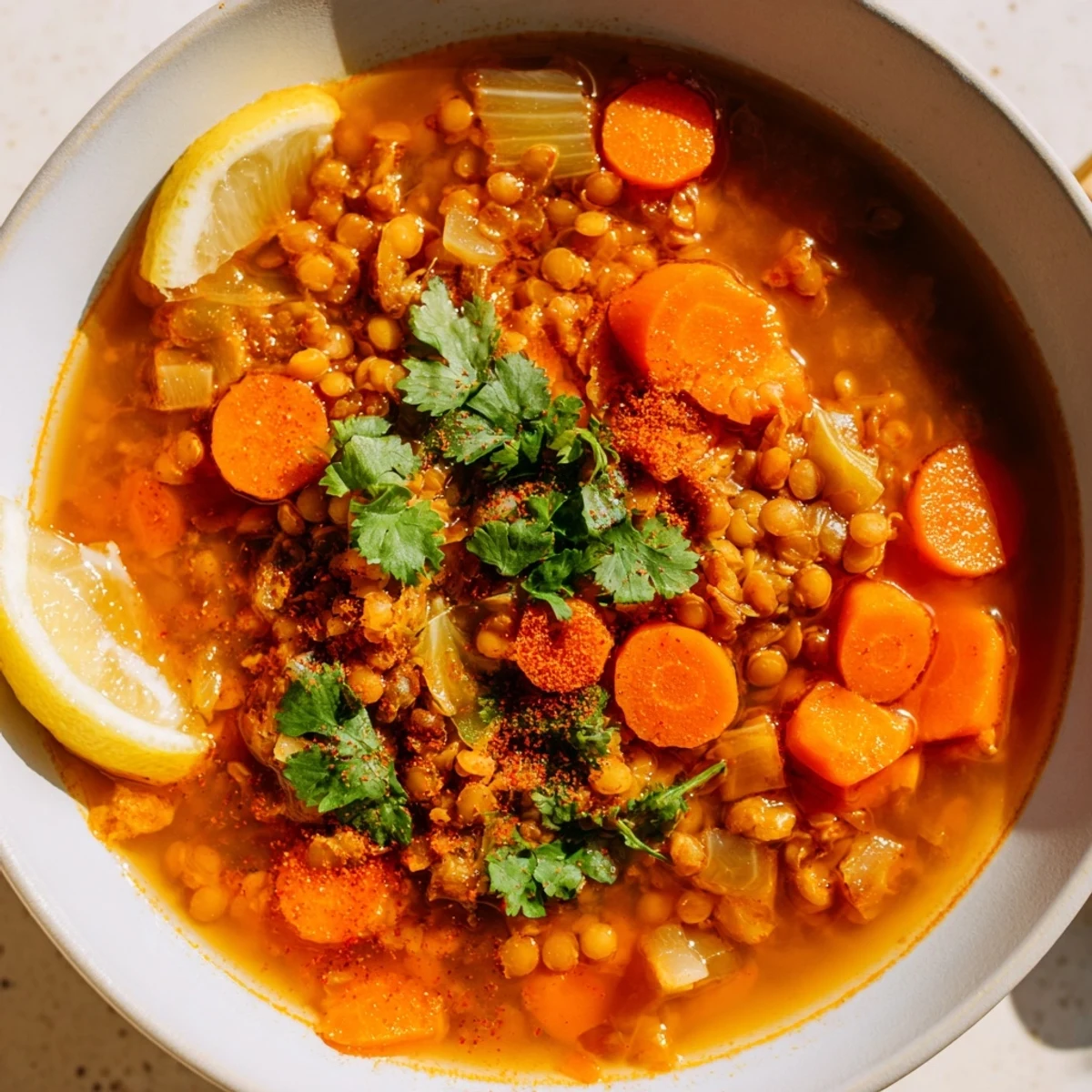 This colorful Spiced Carrot Lentil Soup simmers with aromatic spices, ready to be ladled and enjoyed.