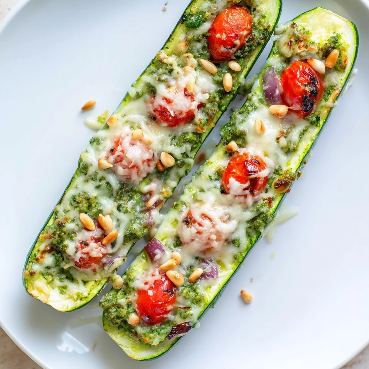 Golden, bubbly melted cheese topping savory Cheesy Pesto Zucchini Boats filled with fresh, vibrant vegetables.