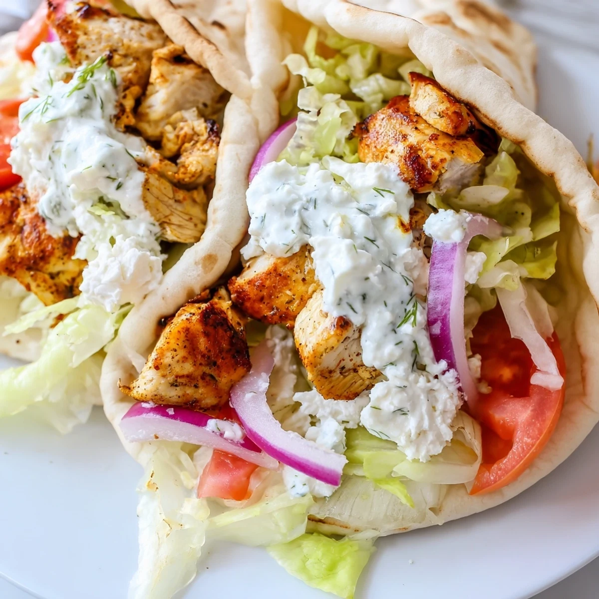 Golden-brown Greek chicken souvlaki wraps filled with grilled chicken, fresh veggies, and creamy tzatziki.