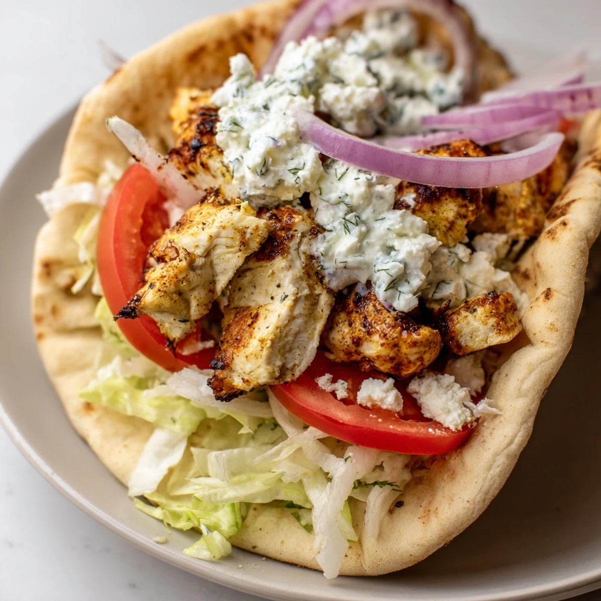 Close-up of a pita wrap: flavorful Greek chicken souvlaki bursting with colorful ingredients, ready to eat.