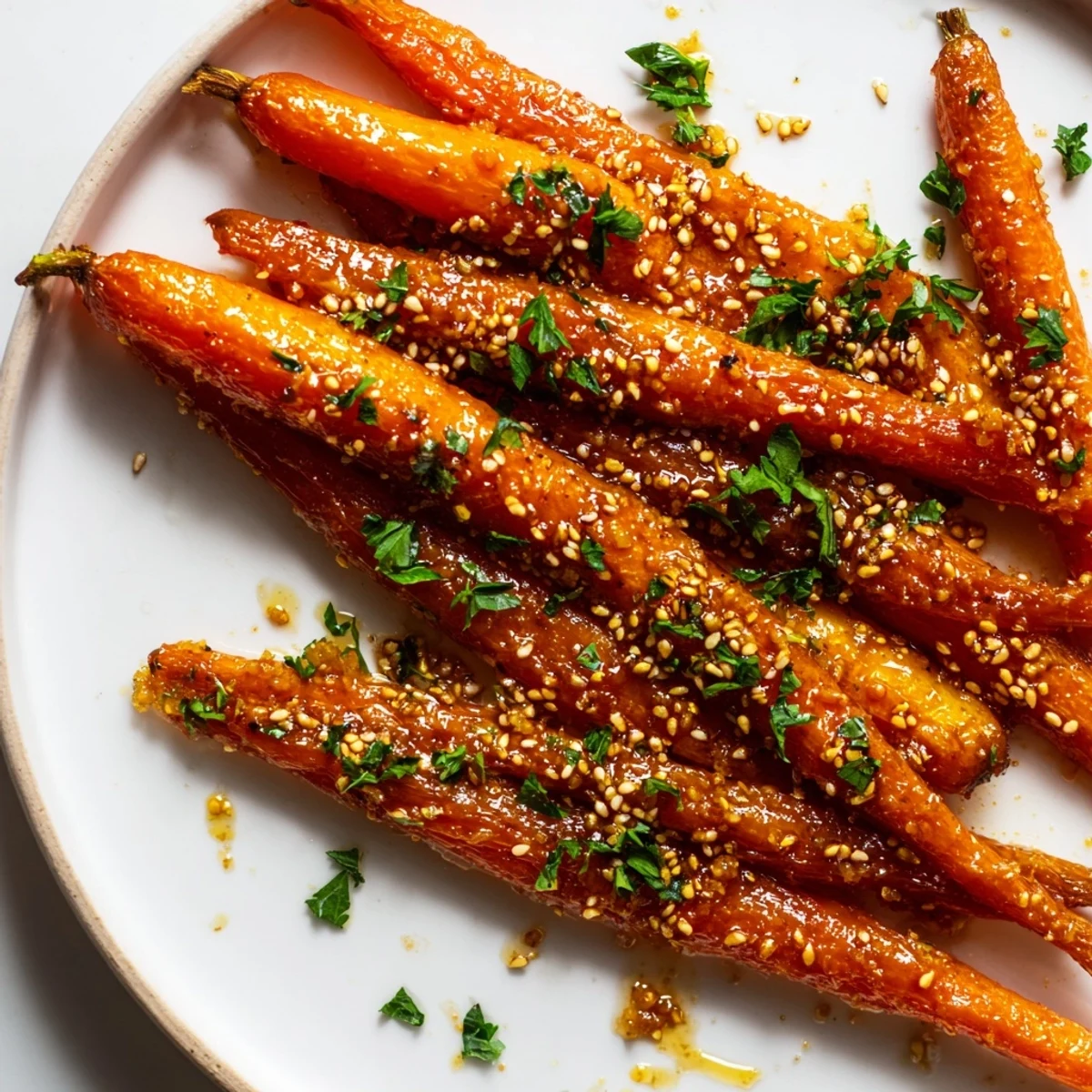 Golden, caramelized Maple Mustard Roasted Carrots, ready to serve as a vibrant vegetarian side.