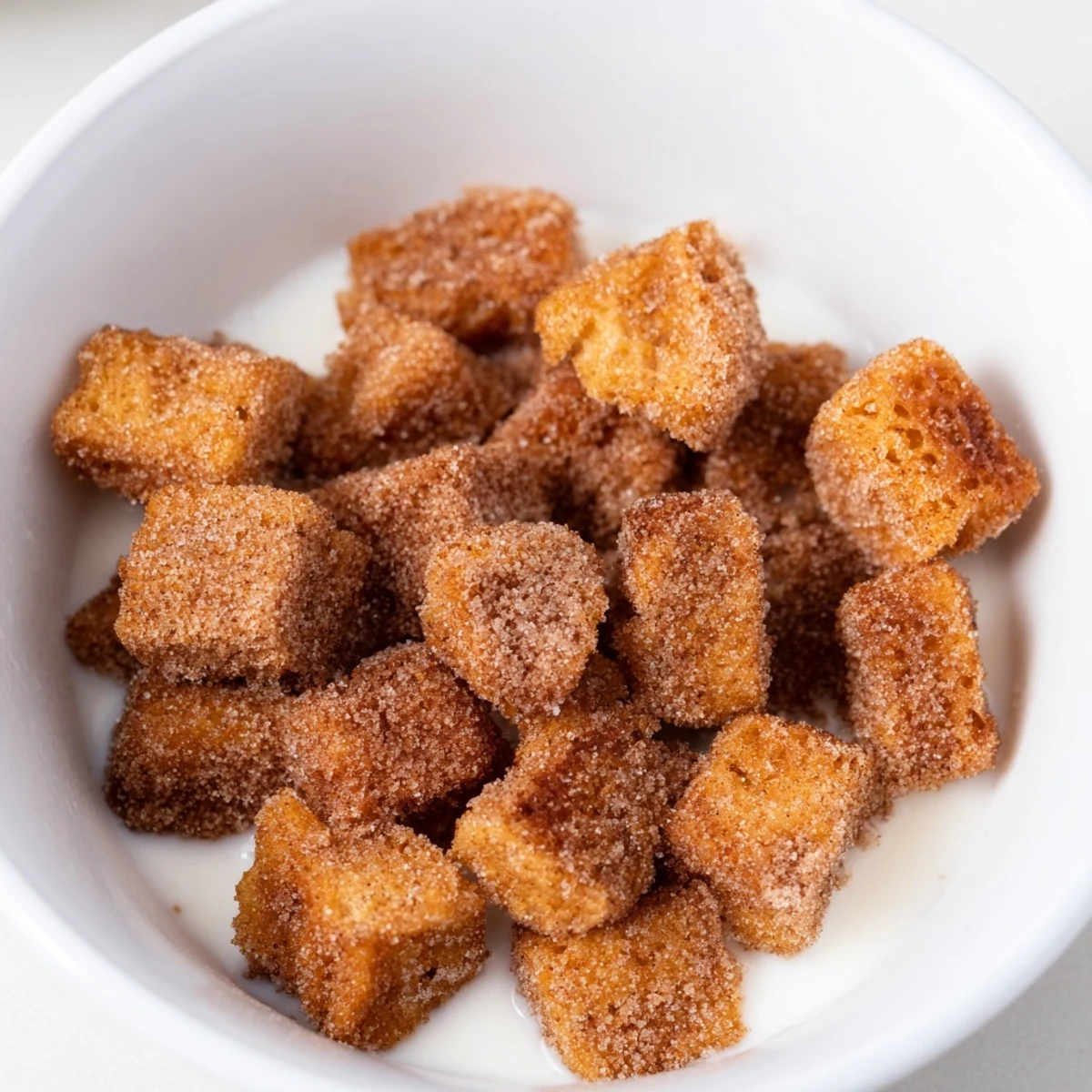 A bowl of golden French Toast Cereal, crunchy mini bites drizzled with maple syrup.