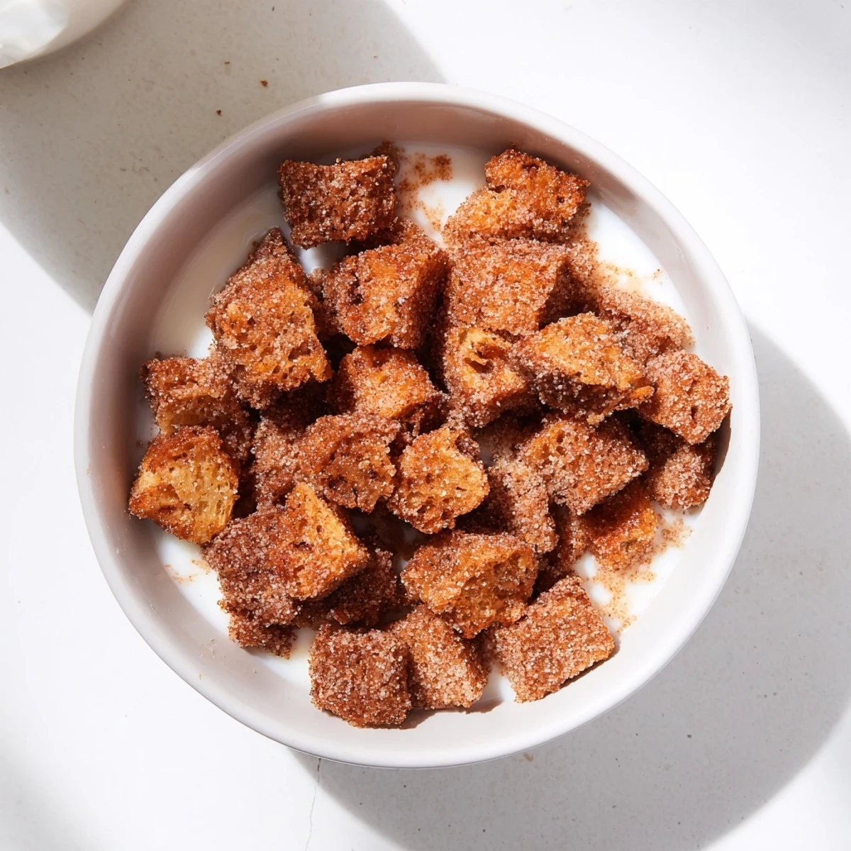 Warm, sugary French Toast Cereal glistening, offering a sweet bite, ready in a breakfast bowl.
