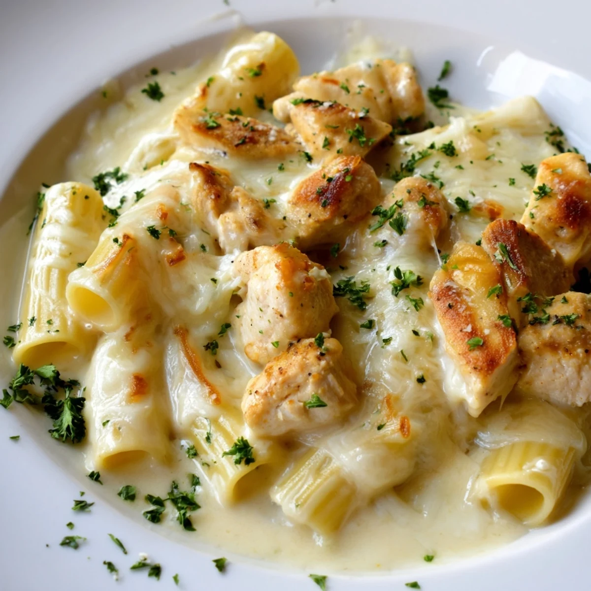 Golden, bubbly Chicken Alfredo Bake fresh from the oven, offering a delicious family dinner.