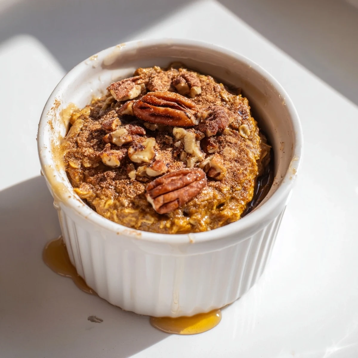 Warm and golden pumpkin spice baked oats, perfect for a cozy fall breakfast, topped with pecans.