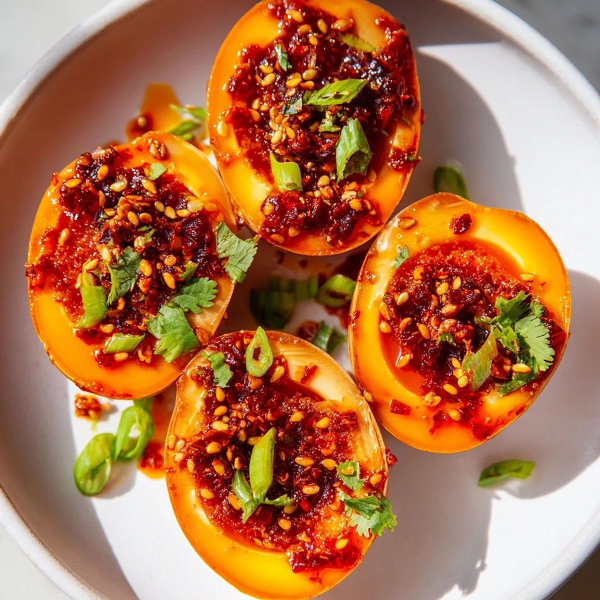 Golden, jammy Chili Oil Eggs drizzled with vibrant, spicy chili oil ready for breakfast.