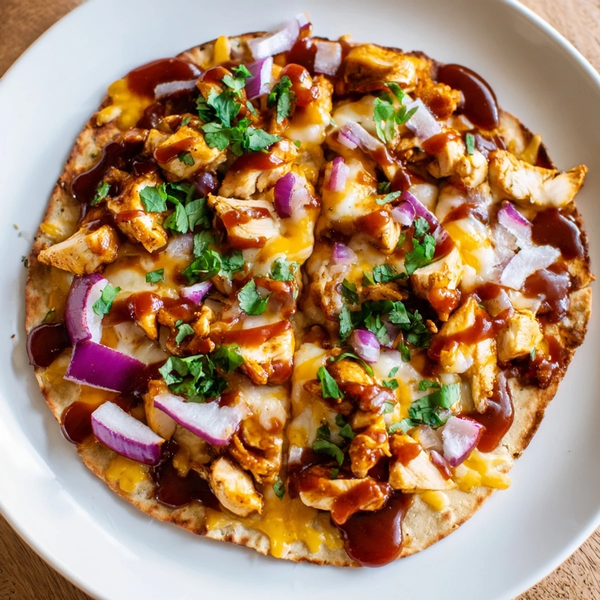 Golden, bubbly BBQ Chicken Flatbread: a delicious flatbread topped with cheese and juicy chicken.