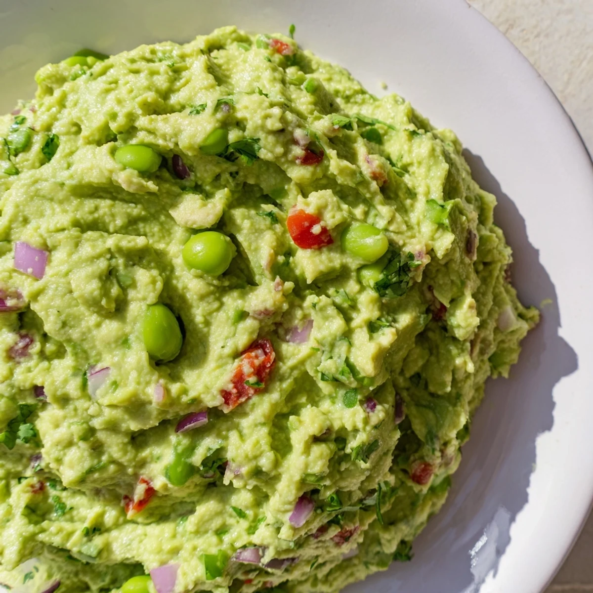 Vibrant bowl of Edamame Guacamole, a creamy, green dip speckled with red onion and cilantro.