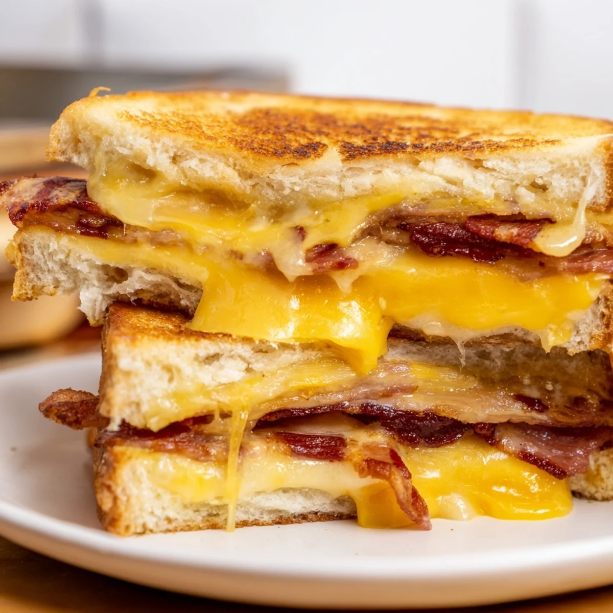 Golden brown Crispy Bacon Cheddar Grilled Cheese sandwich, oozing melted cheese, and smoky bacon strips visible.