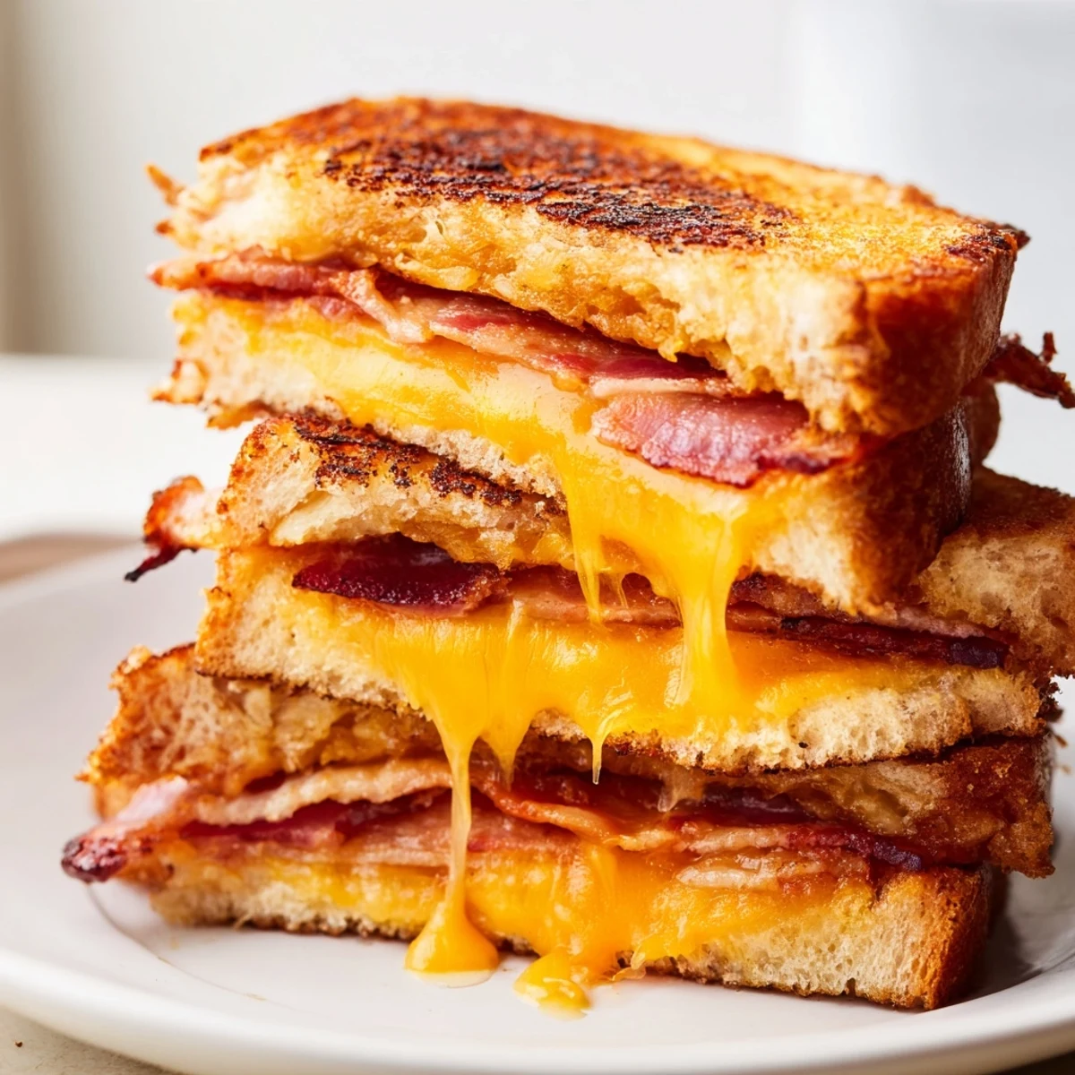 A close-up of a perfectly grilled Crispy Bacon Cheddar Grilled Cheese, ready to be sliced and enjoyed for lunch.