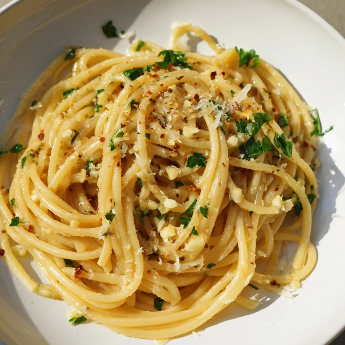 Steaming, freshly made Garlic Butter Linguine with vibrant parsley and grated Parmesan cheese.