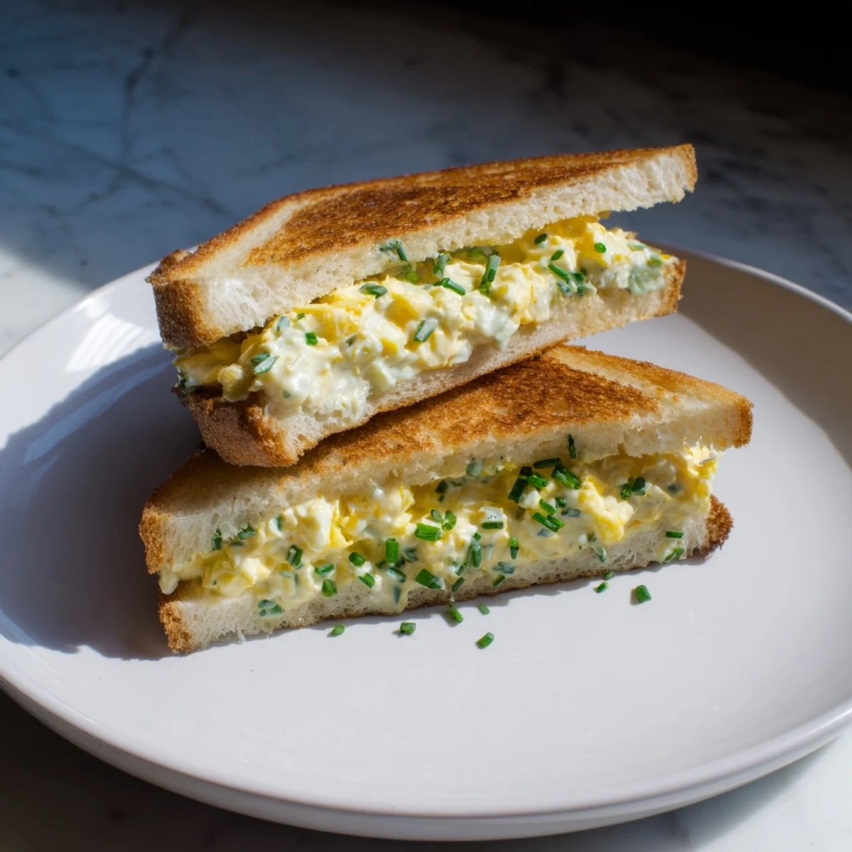 Golden, bubbly Egg Salad Grilled Cheese sandwich, cheese oozing, a perfect lunch ready to enjoy.