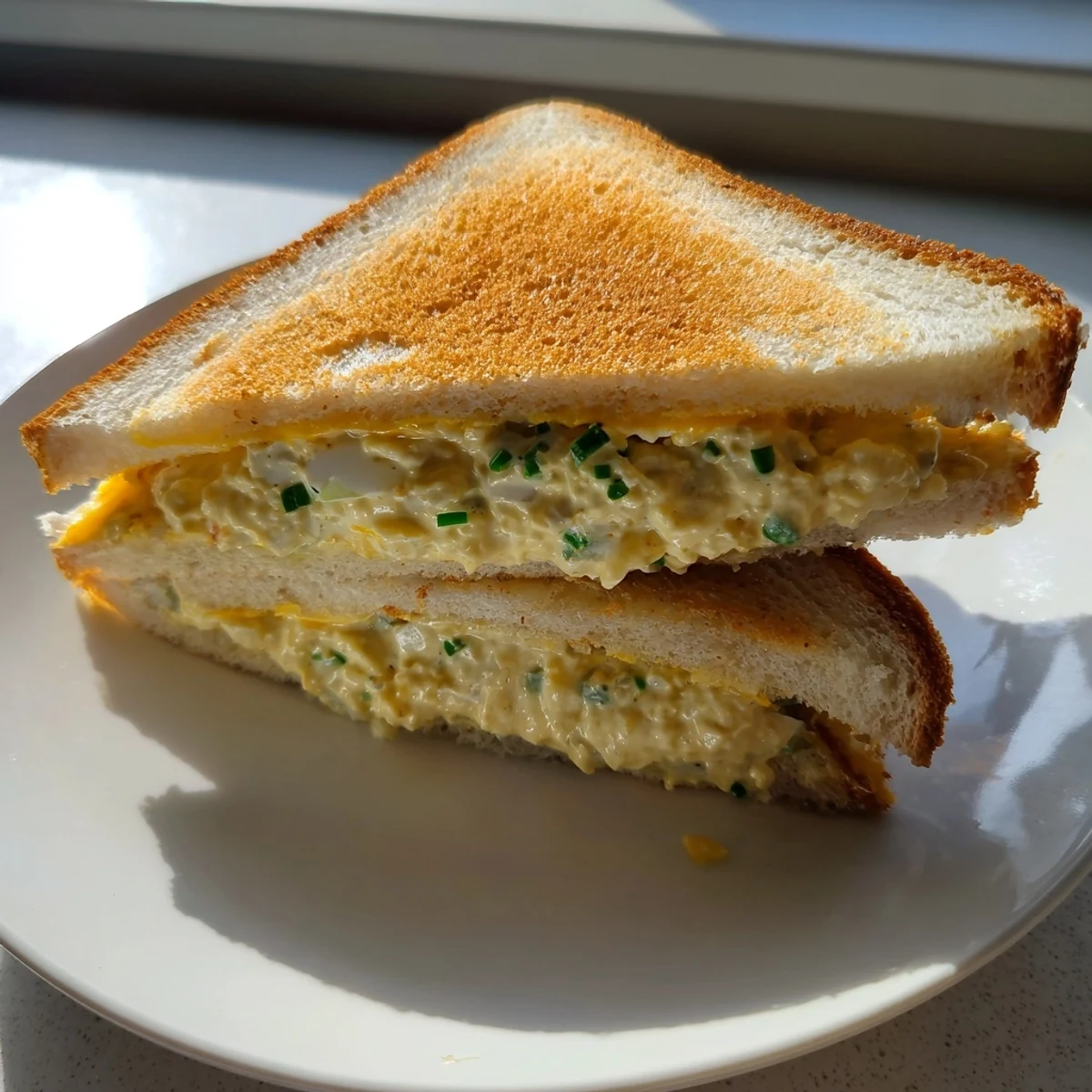 Warm, melty Egg Salad Grilled Cheese, ready to eat, with crispy, toasted bread and savory flavors.