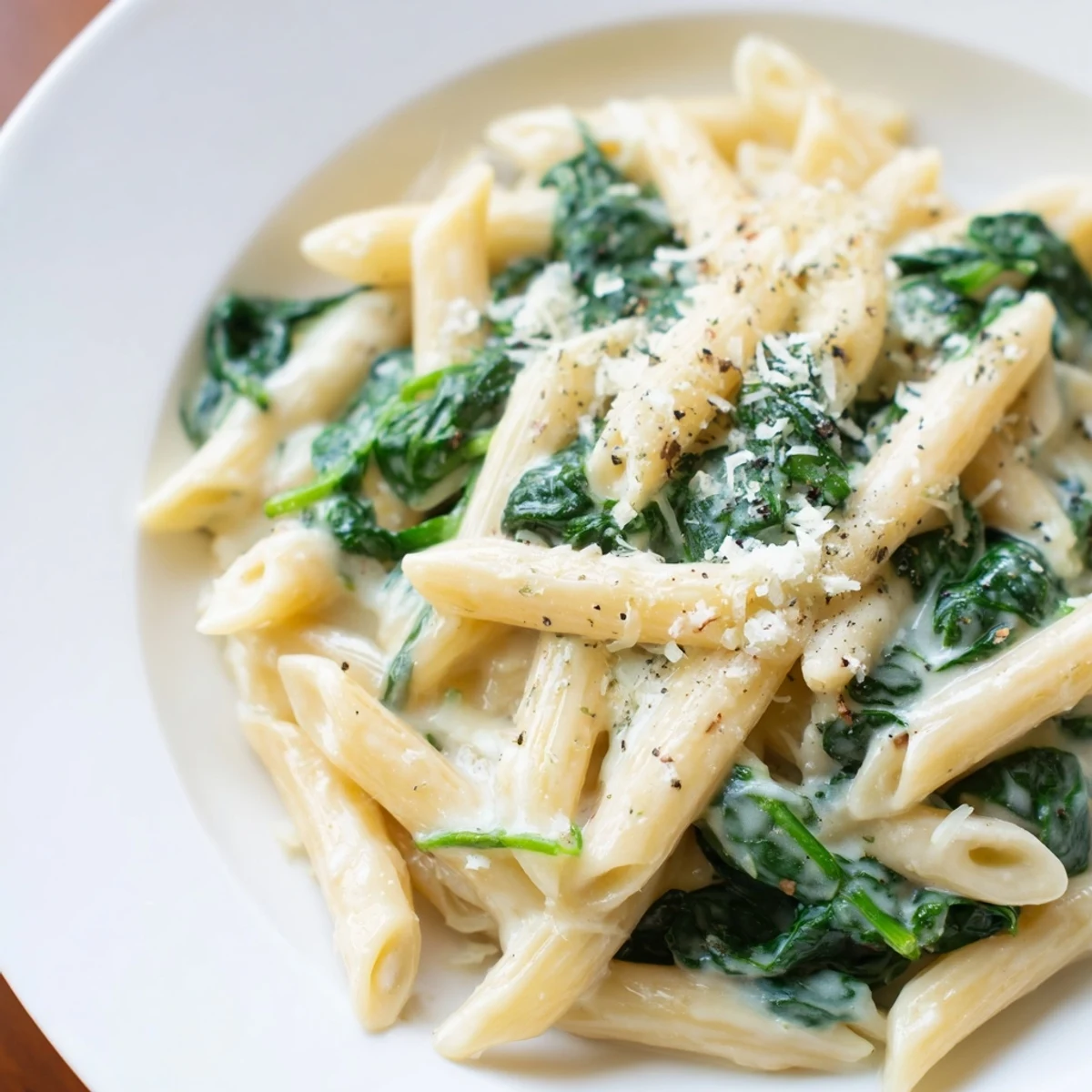 Enjoy a steaming bowl of creamy spinach pasta, garnished with parmesan and fresh pepper.