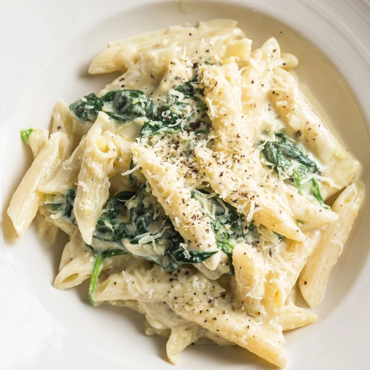 Vibrant image of creamy spinach pasta, a weeknight favorite: spinach nestled between pasta strands.