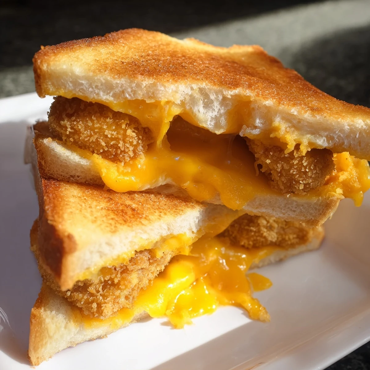 Golden-brown chicken nugget grilled cheese, oozing melted cheddar, a kid-friendly comfort classic.