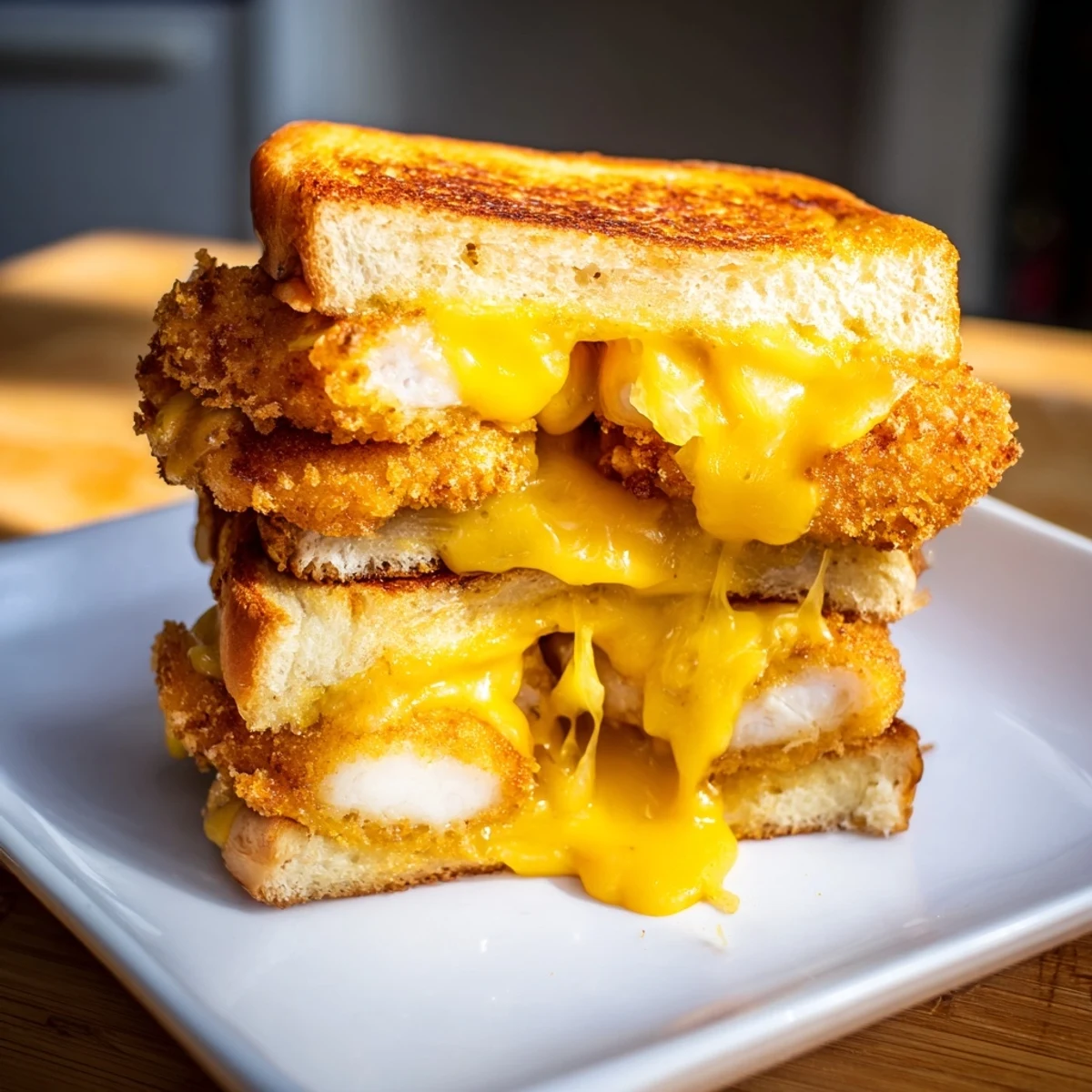 Melted cheese surrounds warm, golden chicken nuggets in this easy, flavorful grilled cheese sandwich.