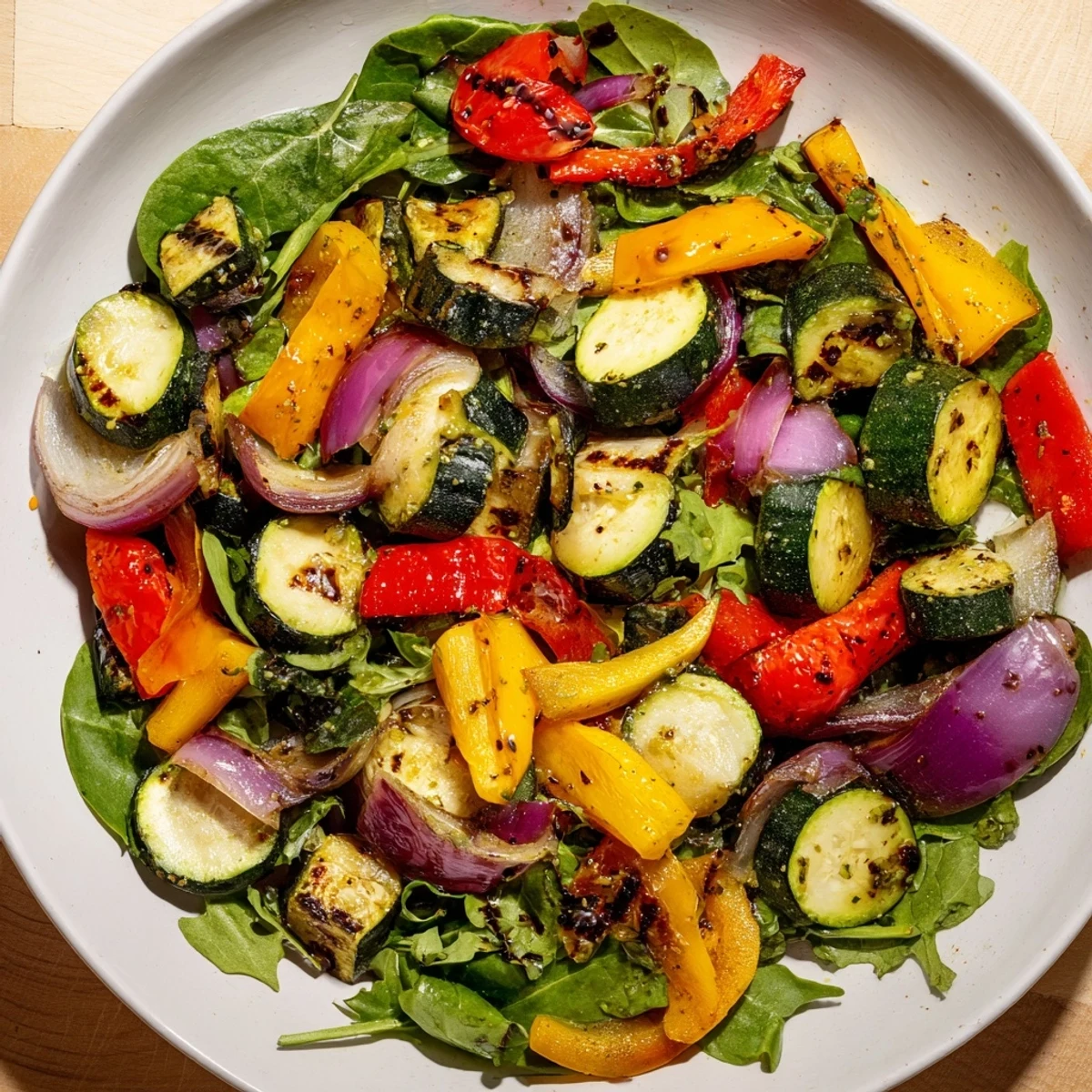 Vibrant Roasted Vegetable Salad with tender, caramelized veggies and tangy balsamic dressing.