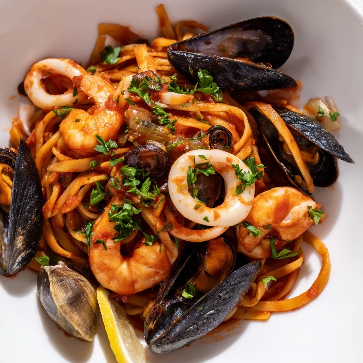 Steaming, aromatic Seafood Marinara Pasta, featuring plump shrimp and mussels in a rich tomato sauce.