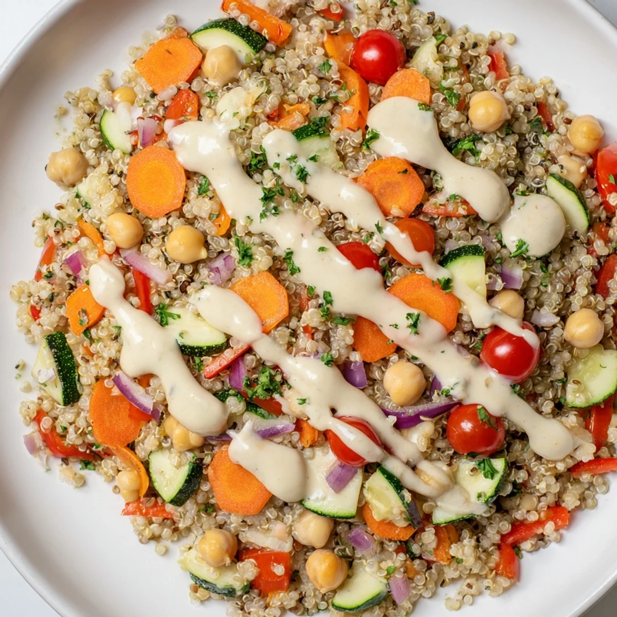 Fluffy quinoa power salad with roasted vegetables, chickpeas, and a bright tahini-lemon dressing.