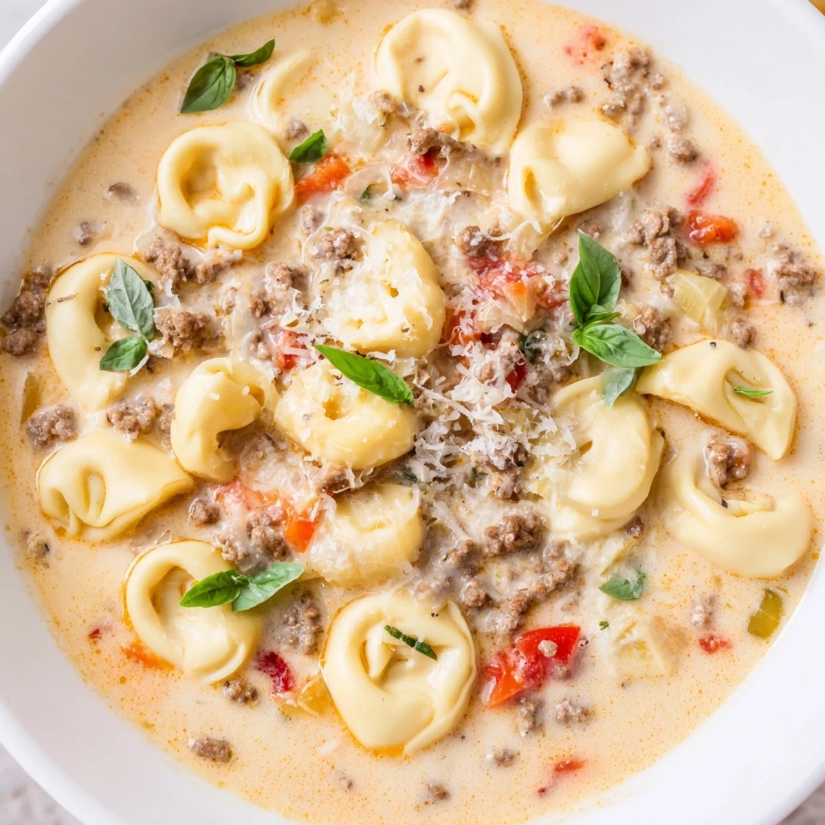 Steaming bowl of Tortellini Beef Soup, rich with ground beef, cheese tortellini, and fresh basil garnish.