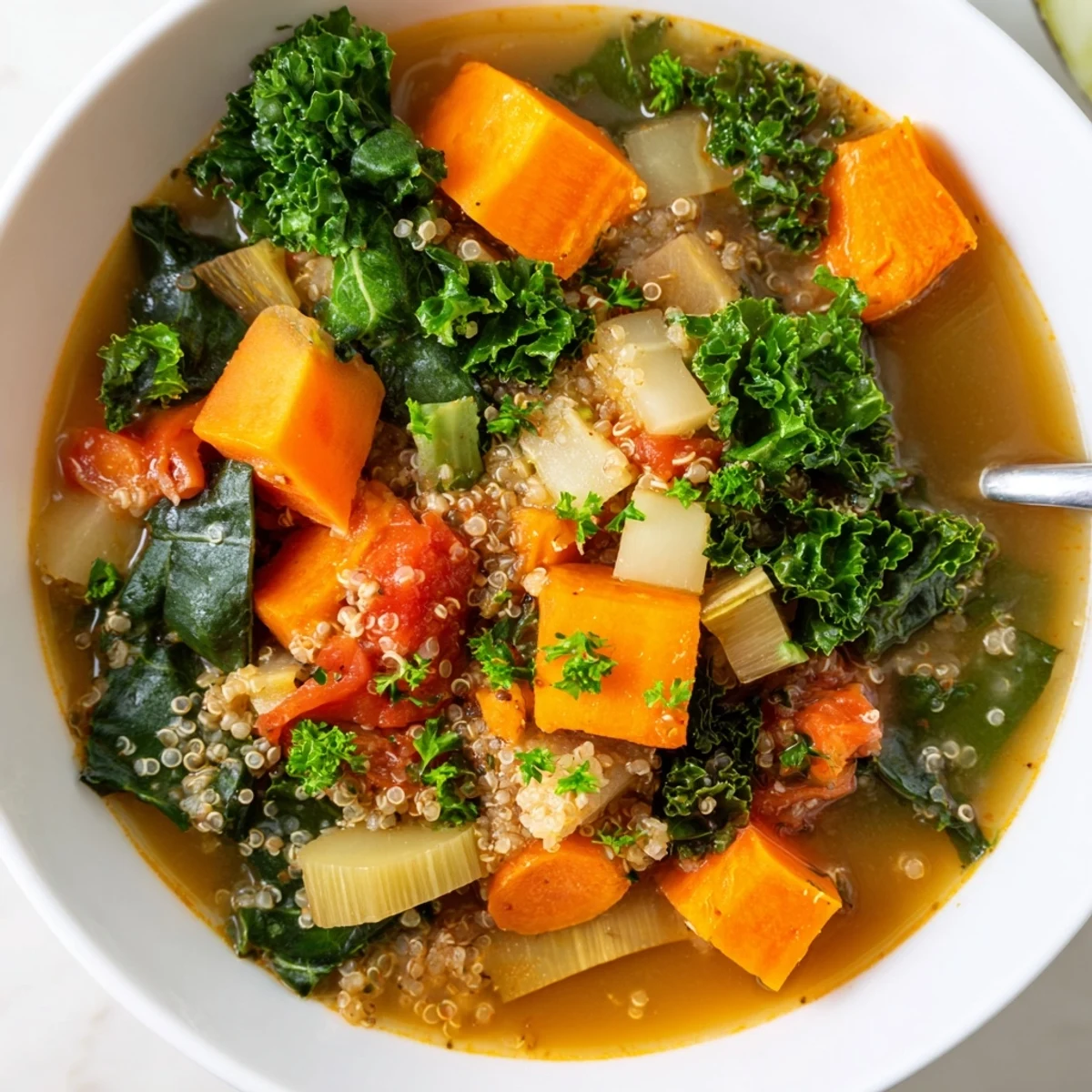 Close-up shot of the Nourishing Winter Veggie Soup, a steaming bowl with colorful vegetable chunks.