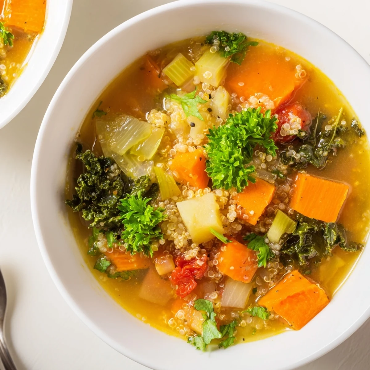 Hearty and vibrant, bowls of Nourishing Winter Veggie Soup with fresh parsley are ready to serve.