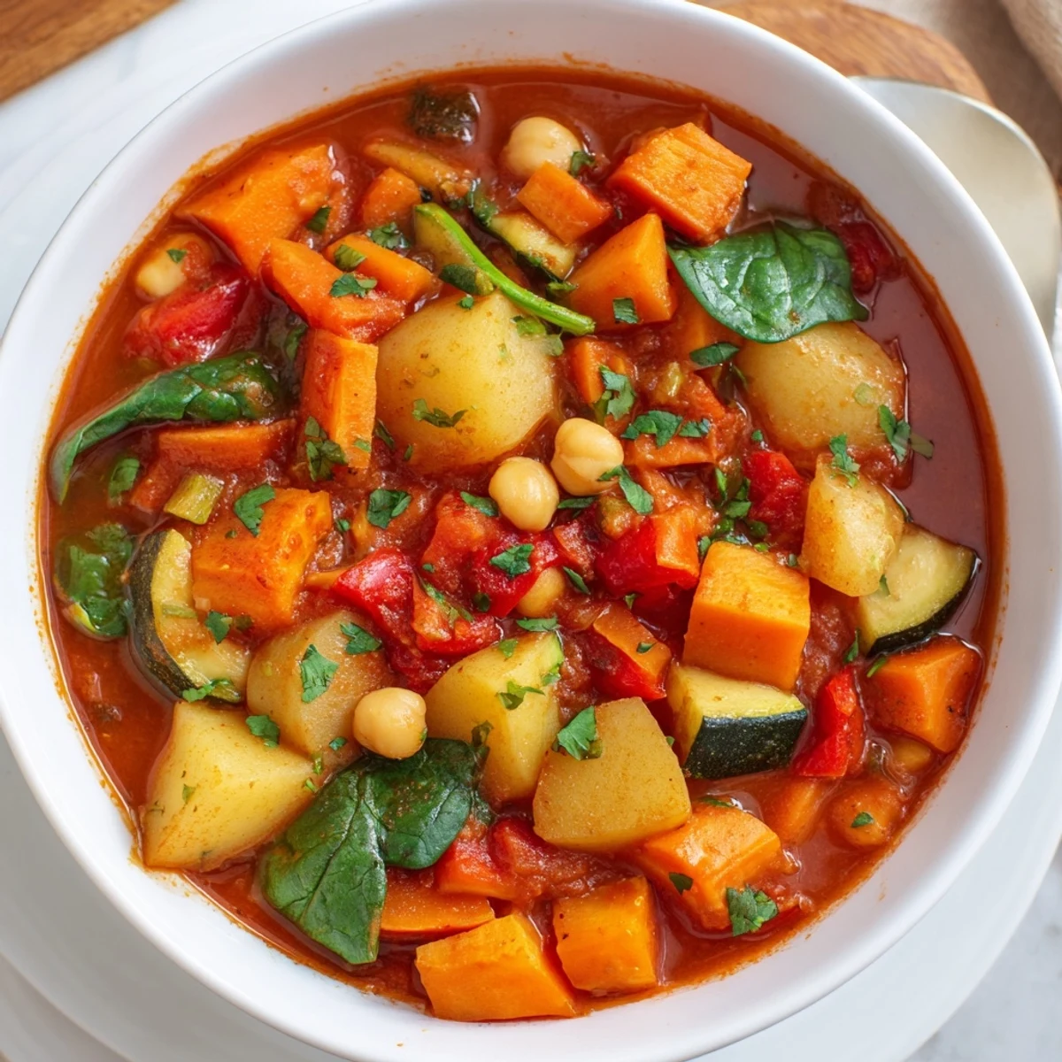 Steaming bowl of hearty vegan sweet potato stew, featuring tender vegetables and rich tomato broth.